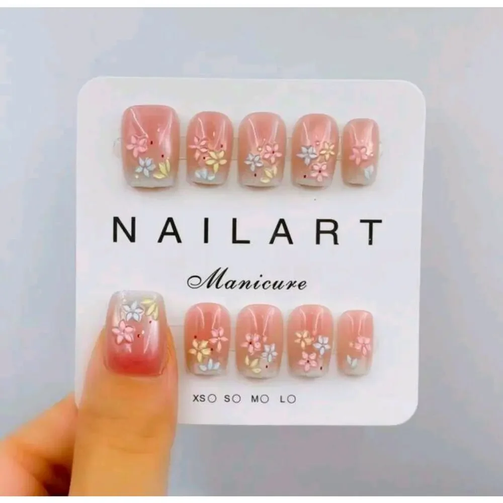 10 Pink Ombre Floral Press On Nails Short Square Reusable New Size Small